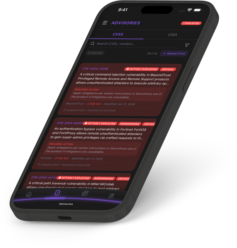 3D iPhone mockup showing Advisories screen with CVE cards, severity badges, and CVSS scores