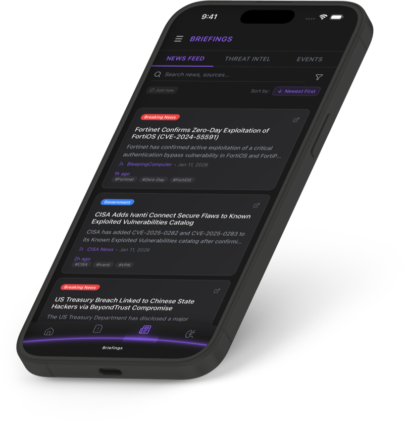 3D iPhone mockup showing Briefings feed with breaking security news and threat intelligence articles